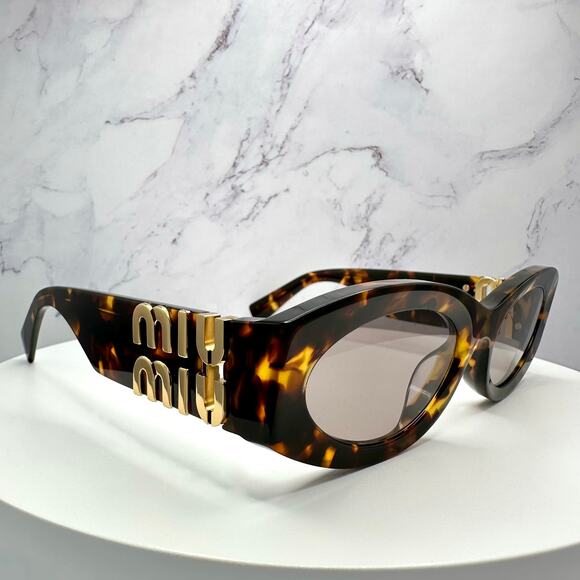 New MIU MIU Sunglasses Brown Tortoise Shell Oval Acetate Gold Logo Italy main image 12